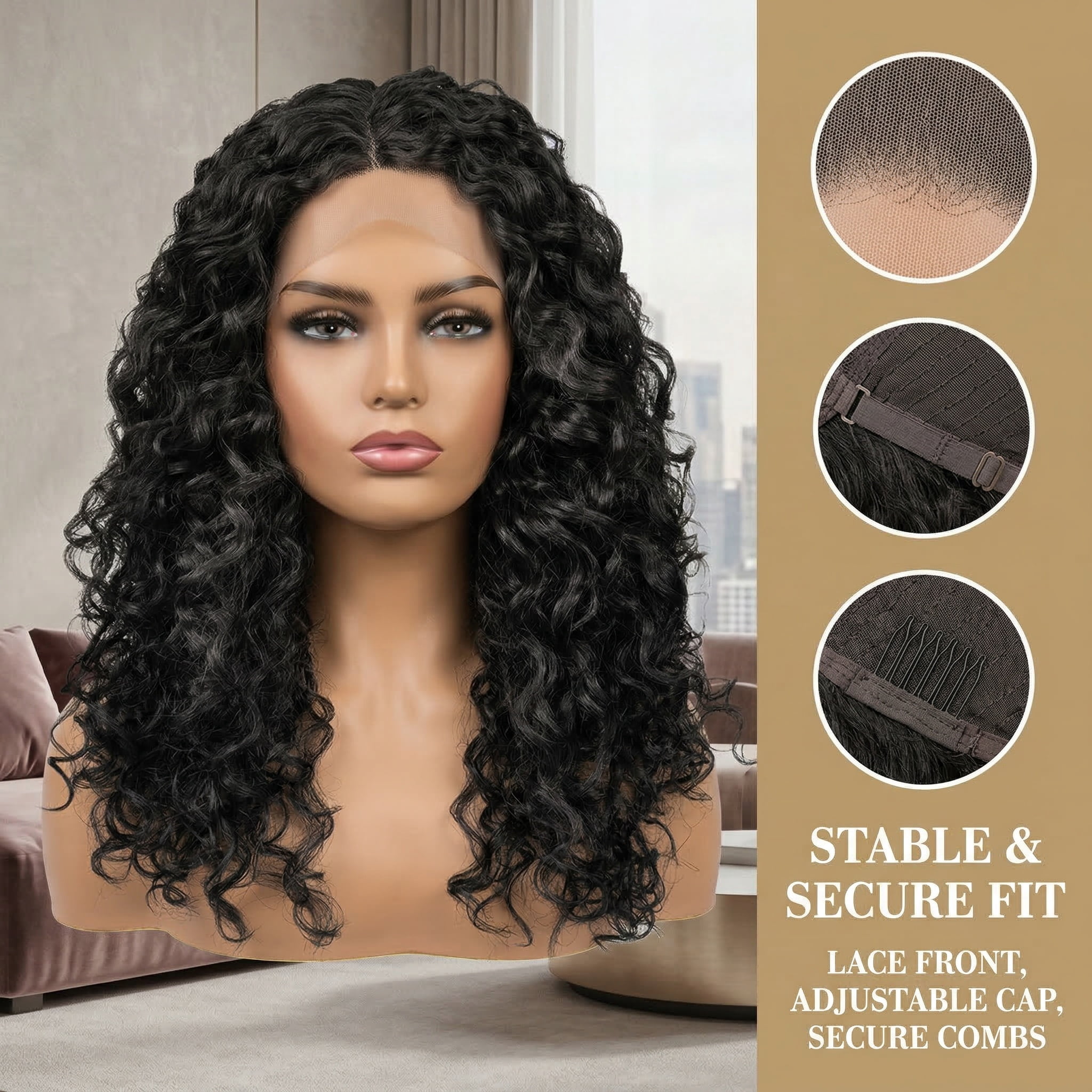 Long Kinky Curly Wig Lace Front,Synthetic Fiber Deep Wave Afro Hair Replacement Wig 19 Inch