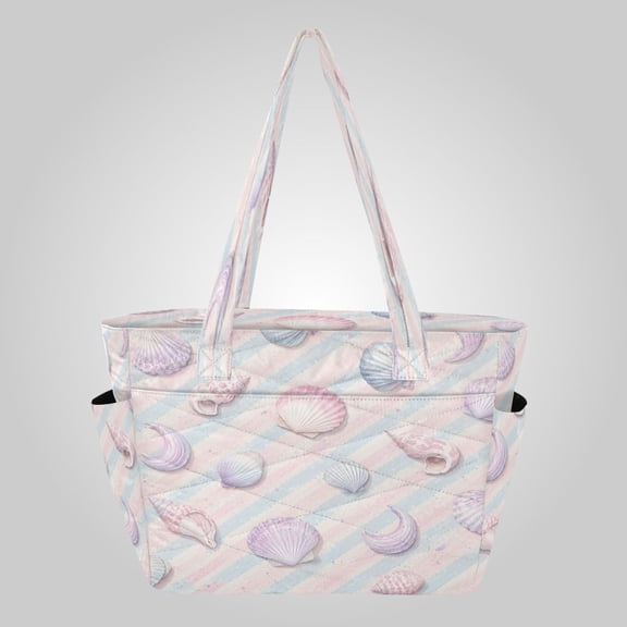 Quilted Tote Bag Large Capacity Multi-Compartment Handbag Lightweight Structured Shoulder Bag Versatile Casual Bag Candy Stripe Beach Shells