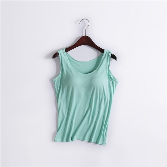 Cotton Padded Tank Tops with Built in Bra for Women Plus Size Spaghetti Strap Sleeveless Cami Tops Green XL