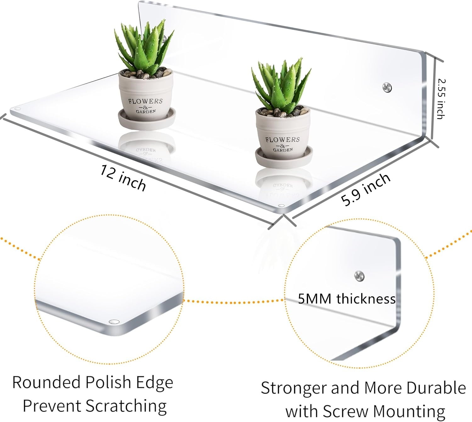 ZWHong 2-Pack L-Shaped Acrylic Floating Shelves, 12 Inch Clear Wall Mounted Display Shelves with Screws, 5mm Thick Invisible Shelves for Bathroom, Bedroom, Living Room