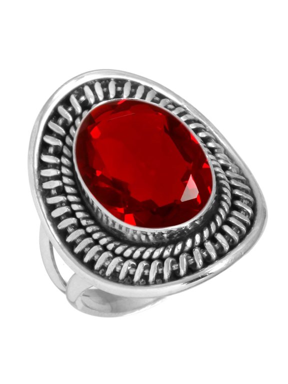 925 Silver Ring For Women - Teens Red Ruby Simulated Stone Silver Ring Size 11 July Birthstone Costume Silver Ring Size 11 Gift For Mom On Mothers' Day 925 Gemstone Silver Jewelry