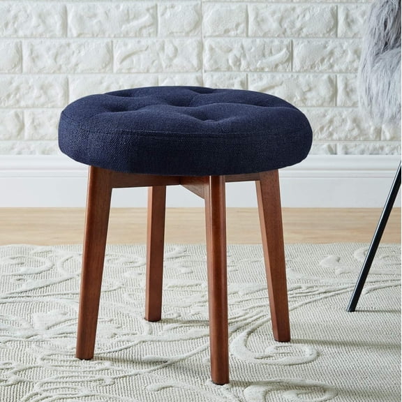 24KF Linen Tufted Round Ottoman with Solid Wood Leg-Navy