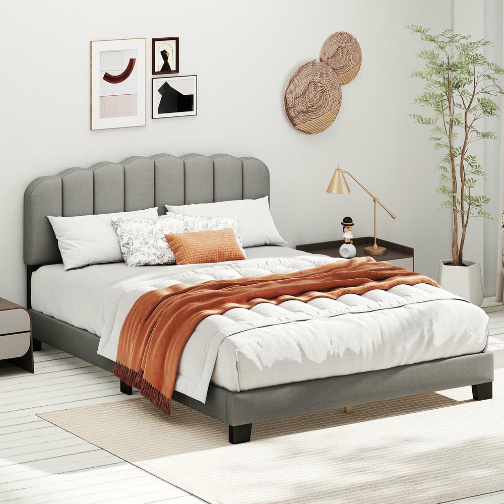 Barara King Queen Size Bedroom Bed Frame with Adjustable Scalloped Tufted Headboard, Bed Platform Frame for Apartment, Bedroom, Gray