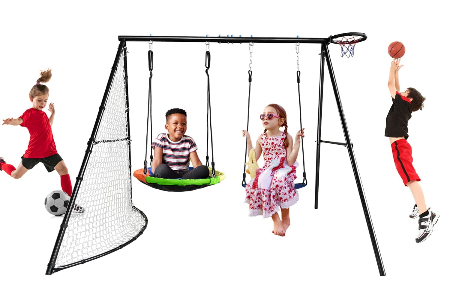 SMkidsport Swing Set for Backyard A Frame Stand, Football Net, Basketball Hoop, Platform Swing