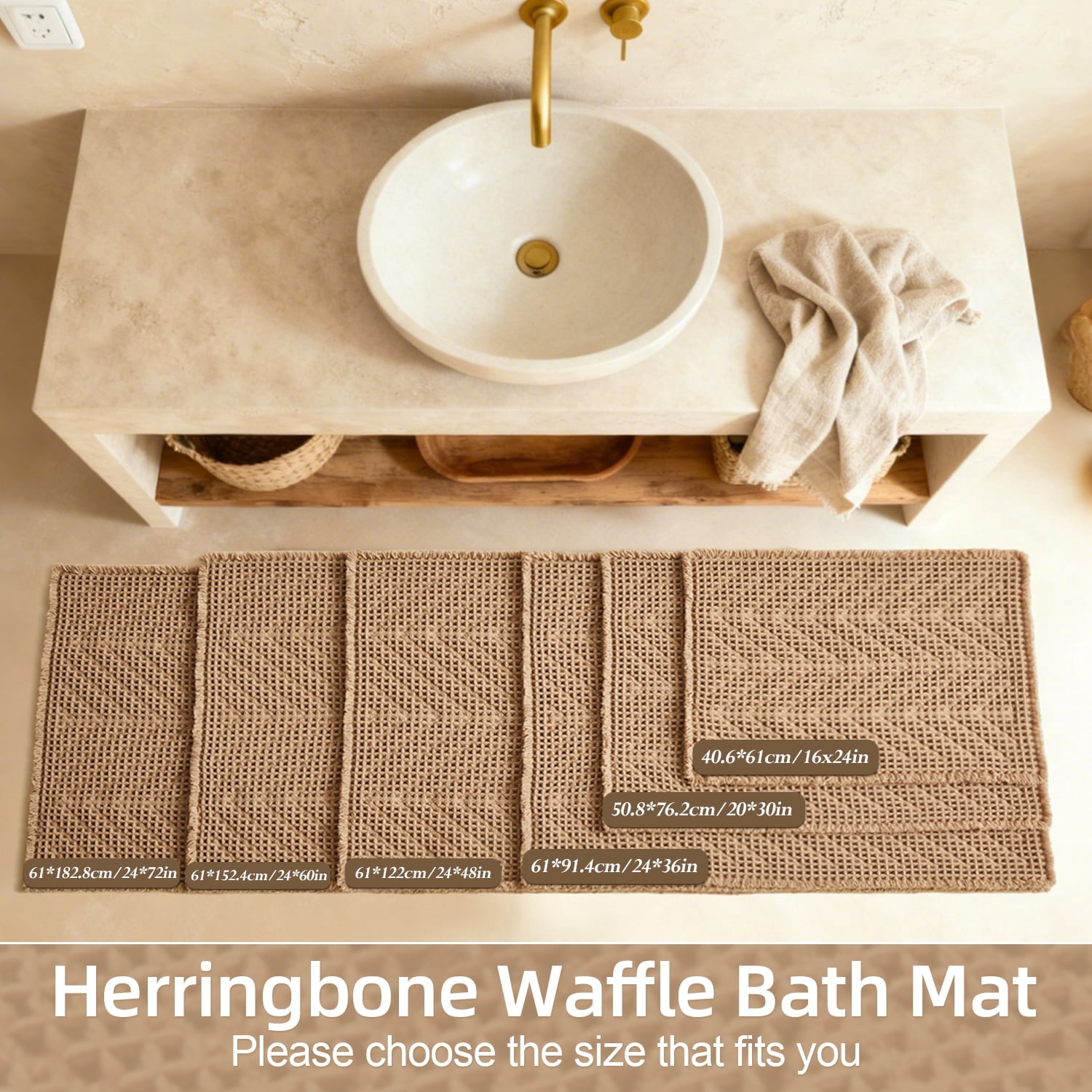BULULOM Bathroom Rugs，Herringbone Boho Waffle Bath Mat, Non Slip Washable Super Absorbent Quick Dry, Farmhouse Bathroom Decor 20"*30" Khaki
