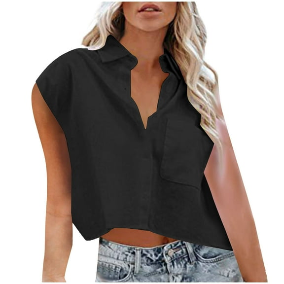 Delayuji Womens Sleeveless Down Shirts Casual Loose V Neck Pad Shoulder Crop Tank Top Black L Cotton Short Sleeve Shirts for Women