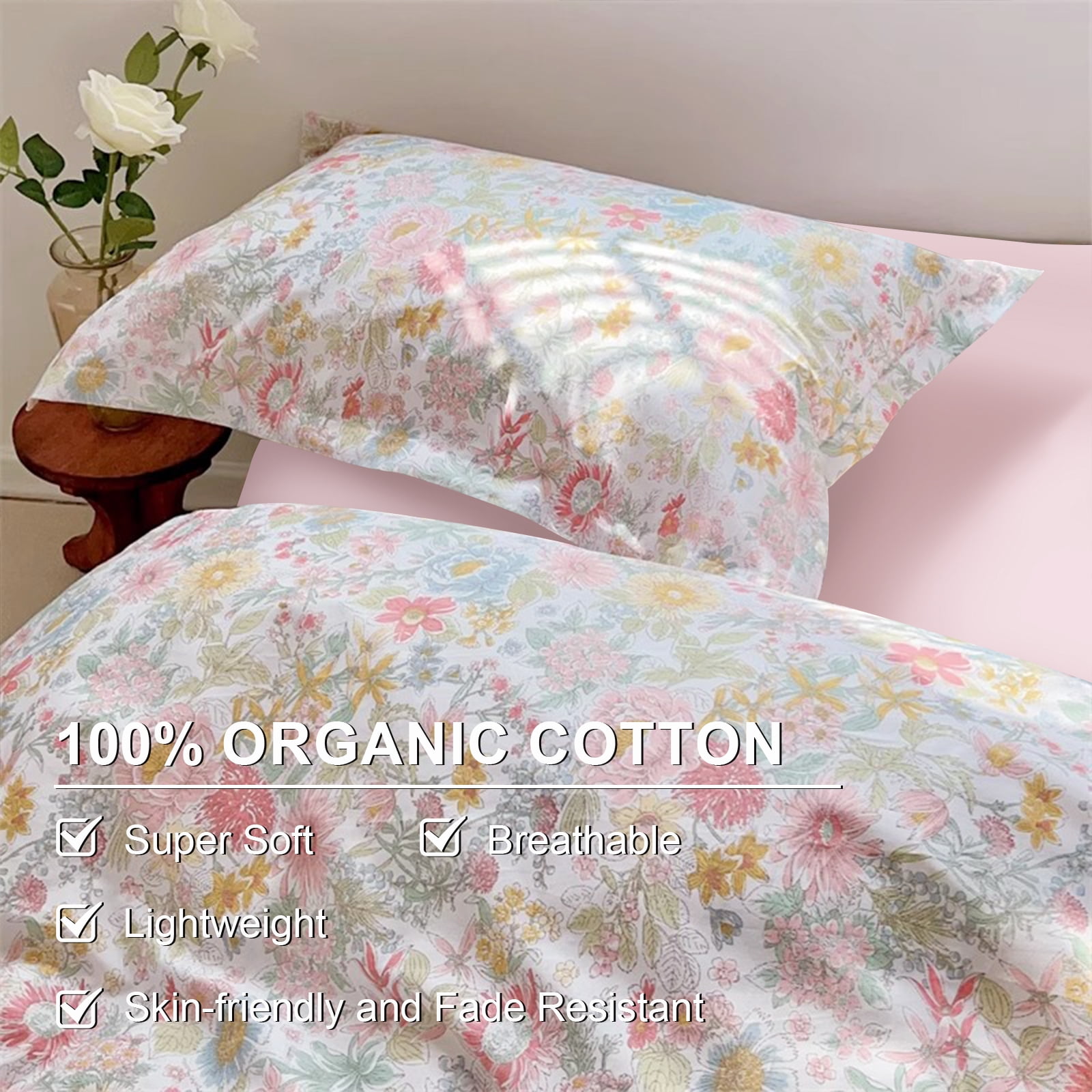 JOLUSERE 100% Organic Cotton Duvet Cover Sets King Size, 3 Pieces Colorful Pink Floral Reversible Soft Bedding Sets