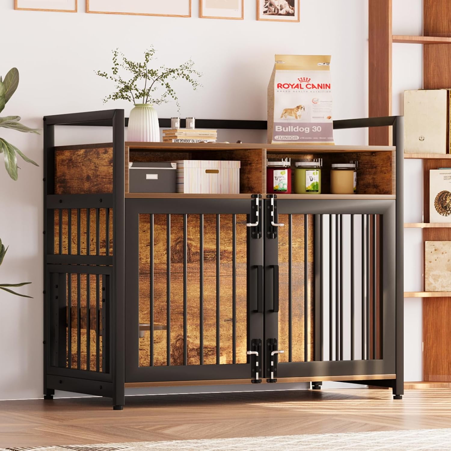 NEILA Dog Crate Furniture,41 Inch Heavy Duty Dog Kennel with 2 Drawers End Table, Wooden Dog Cage Indoor Dog House Pet Crate Table with 360°and Adjustable Raised Feeder 41inch