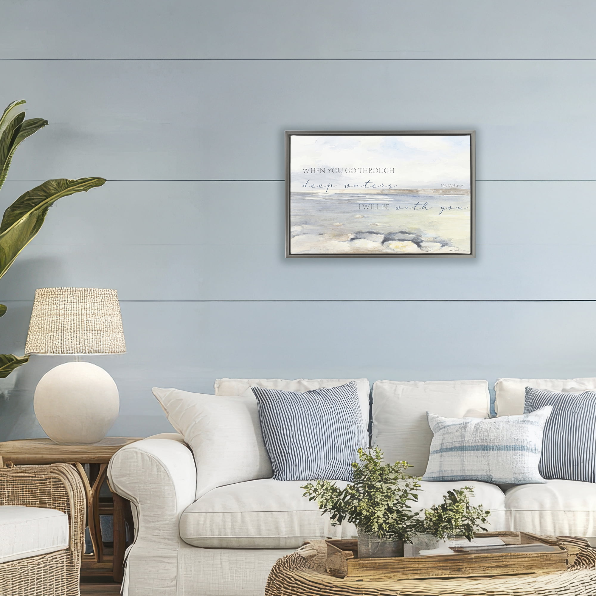 Stupell Industries Deep Waters Isaiah 43:2 Gray Framed Floater Canvas Wall Art, design by Lanie Loreth