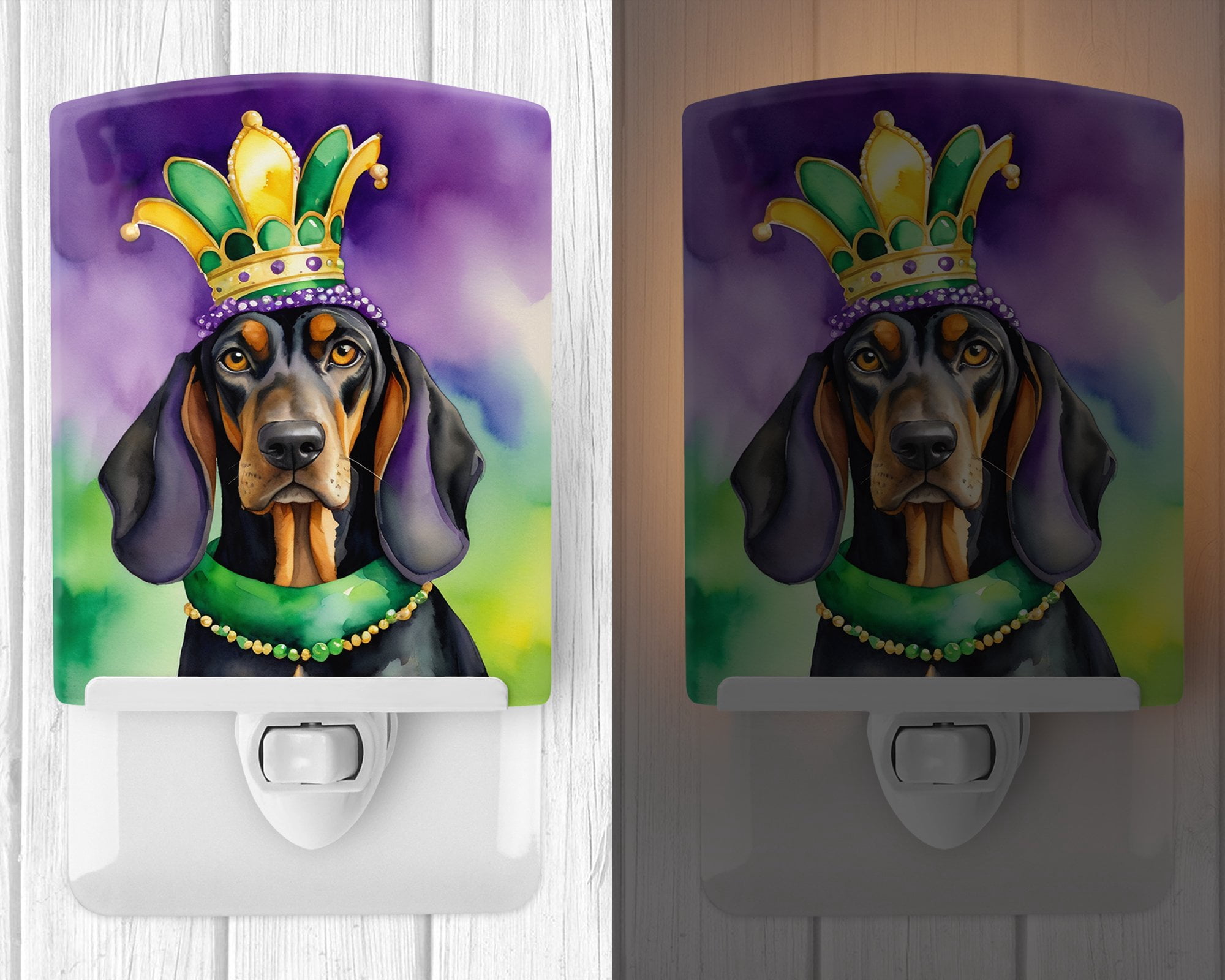 Black and Tan Coonhound King of Mardi Gras Ceramic Night Light 4 in x 6 in