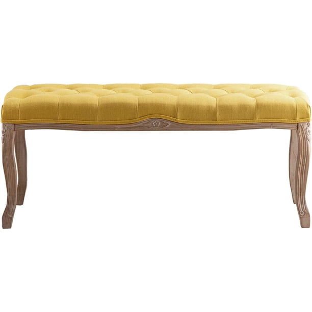44" Rectangular Tufted Ottoman Bench Seat, Birch Frame & Carved Rubber Wood Legs & Faded Wood