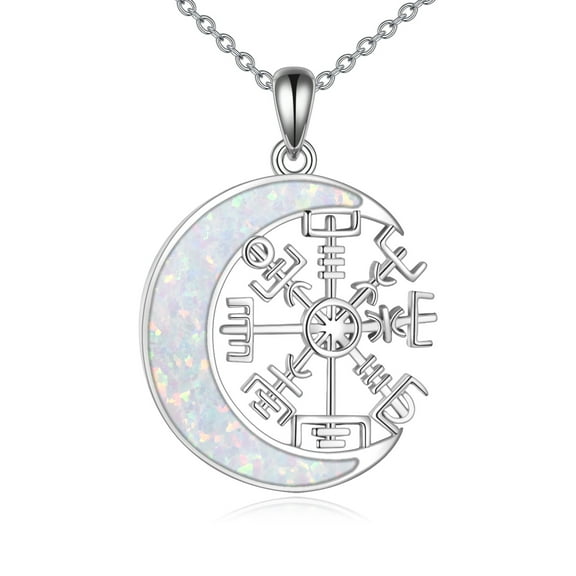 JUSORA Opal Viking Compass Necklace 925 Sterling Silver Opal Viking Pendant Moon Compass Norse Pagan Jewelry Gifts for Women Men