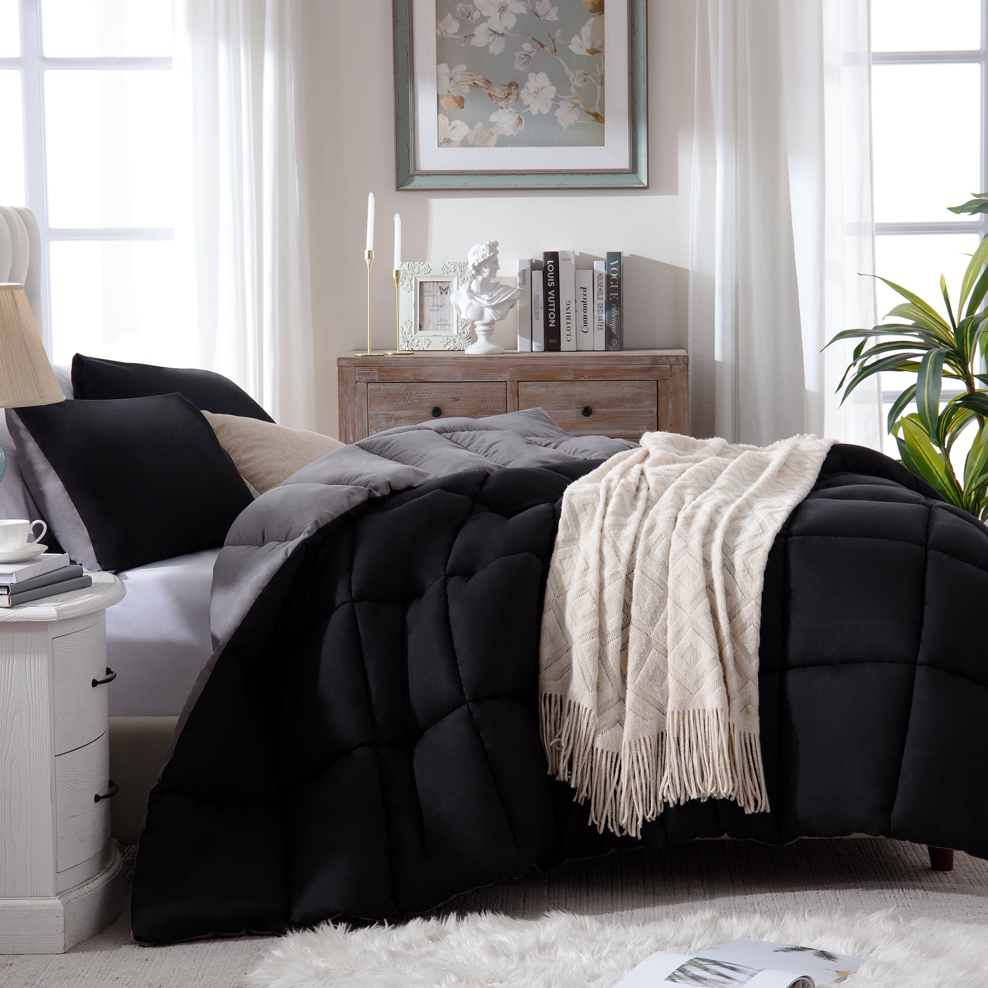 Yalamila Twin Size Comforter Set 2-Piece All-Season Down Alternative Reversible Comforter Set,Black/Grey,200GSM Cooling Quilted Duvet Insert,95 GSM Soft Cover Bed in a Bag