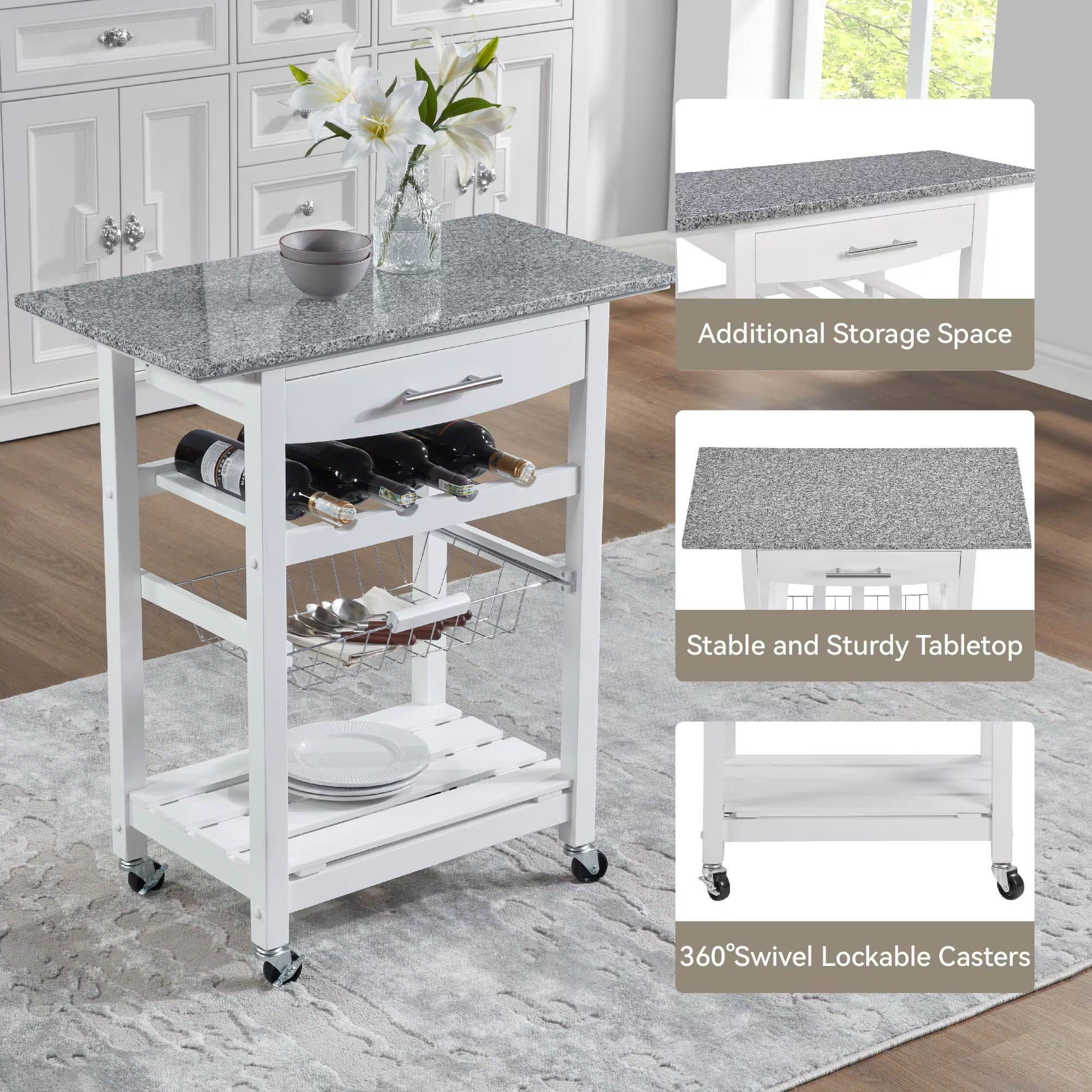 Avobird Kitchen Island Cart, Mobile Kitchen Cart with 30inch Marble Countertop/Underneath Drawer/Slide-Out Wire Storage Basket, White