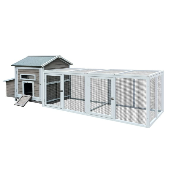 118" Extra Large Chicken Coop, Wooden Chicken Coop with Free-range Doors, Nesting Box, and Leakproof Pull-on Tray, Outdoor Hen House Poultry Cage, Gray