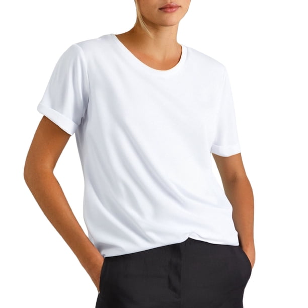 Camiseta informal de mujer de color liso con cuello redondo y manga corta: camiseta versátil para el día a día, tejido suave y transpirable, fácil de combinar