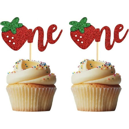 10pcs Strawberry One/1st Cupcake Toppers for First Birthday Anniversary Baby Shower Wedding Party Decorations