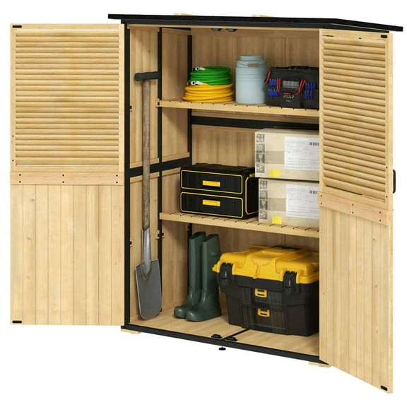 Spaco Wood Storage Shed with Lockable Doors and Adjustable Feet, Garden Shed with Asphalt Roof and 2 Shelves for Outdoor, Natural