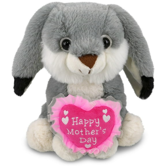 DolliBu Happy Mother's Day Super Soft Plush Grey Rabbit - Cute Stuffed Animal Present With Pink Heart Message for Best Mommy, Grandma, Wife, Daughter - Cute Farm Life Plush Toy Gift - 7 Inch