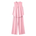 thumbnail image 5 of Mifsaly Linen 2 Piece Set for Women Sleeveless V Neck Button Down Shirt and High Waisted Wide Leg Pants Vacation Beach Summer Matching Lounge Outfits Pink,XXL, 5 of 6