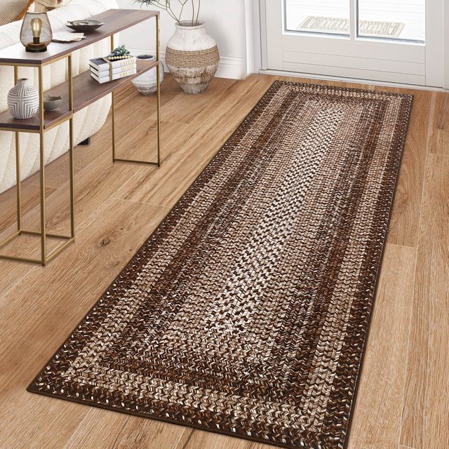 Gaderth 2x6 Braided Print Runner Rug For Living Room, Washable Farmhouse Rug With Non Slip TPR Backing, Low Pile Stain Resistant Carpet For Bedroom Dining Room Nursery Office