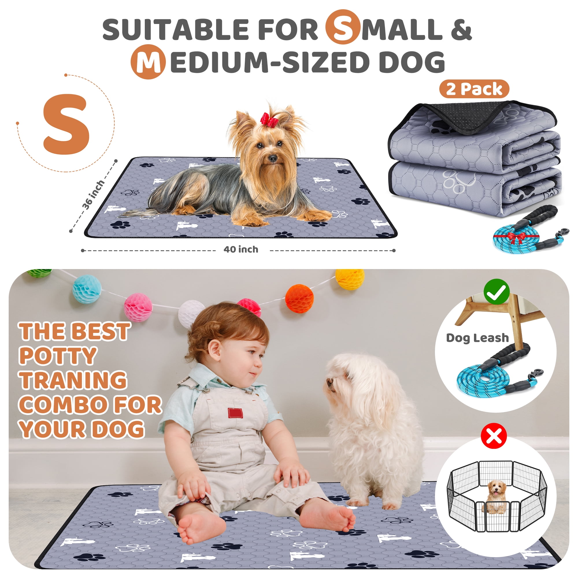 2 Pack 36" x 40" Washable Pee Pads for Dogs, Absorbent Reusable Puppy Pads, Non-Slip Pet Training Pads,Super Absorbent Pads for Playpen, Potty, Crate, Bed (with 60''L Dog Leash)