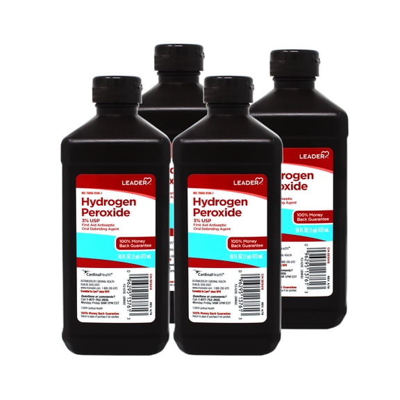 Leader Hydrogen Peroxide 3% Topical Solution, First Aid Antiseptic, 16 FL OZ - 4 Pack