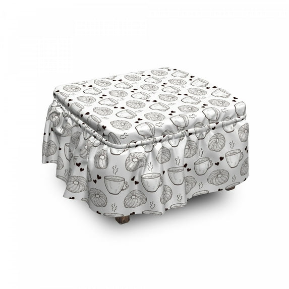 Tea Party Ottoman Cover, Freshly Baked Bun Tea, 2 Piece Slipcover Set with Ruffle Skirt for Square Round Cube Footstool Decorative Home Accent, Standard Size, Charcoal Grey and White, by Ambesonne