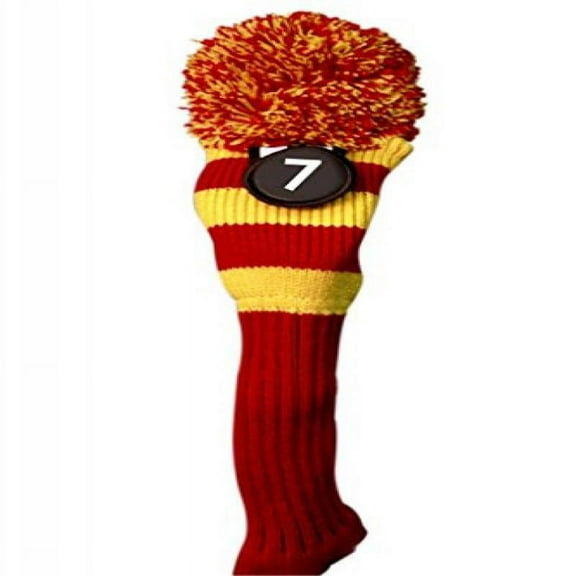Majek #7 Hybrid Rescue Utility Red & Yellow Golf Headcover Knit Pom Pom Retro Classic Vintage Head Cover