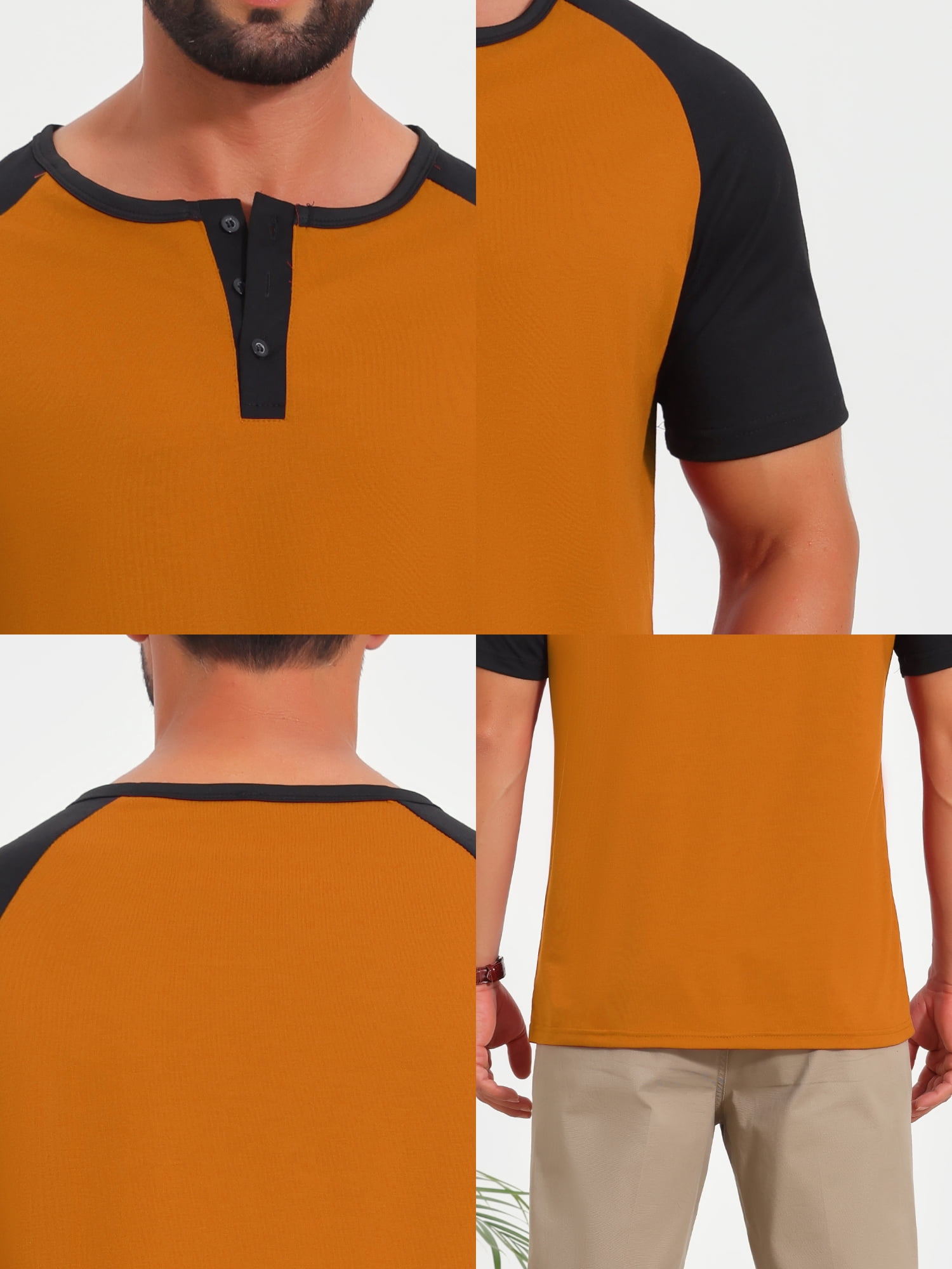 DARING DIVA Men's Henley Button Down Color Block Short Sleeve T-Shirt S Orange