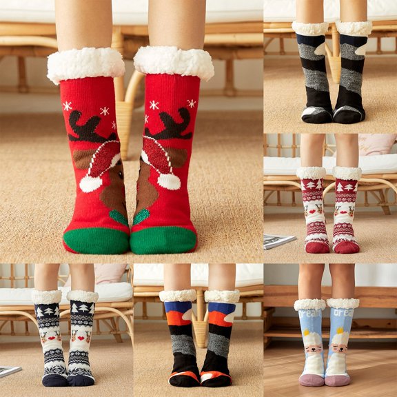 Helii Womens Christmas Socks Fuzzy Lined Socks Non Slip Gripper Socks Winter Warm Socks with Santa Reindeer Print Socks Holiday Home Socks