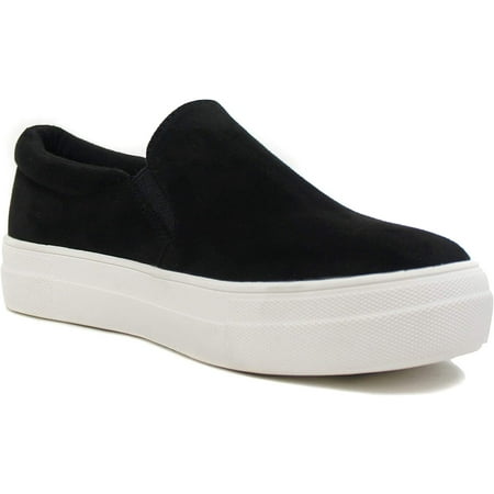 Soda Flat Women Shoes Slip On Loafers Casual Sneakers Memory Foam Insoles Hidden Platform / Flatform Round Toe HIKE-G Black Suede 7.5