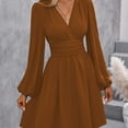 thumbnail image 2 of Ashirexll Midi Dresses for Women, Womens Long Sleeve Dresses, Fashion Casual Solid Color Waist Cinched V-Neck Short Dress, 2 of 4