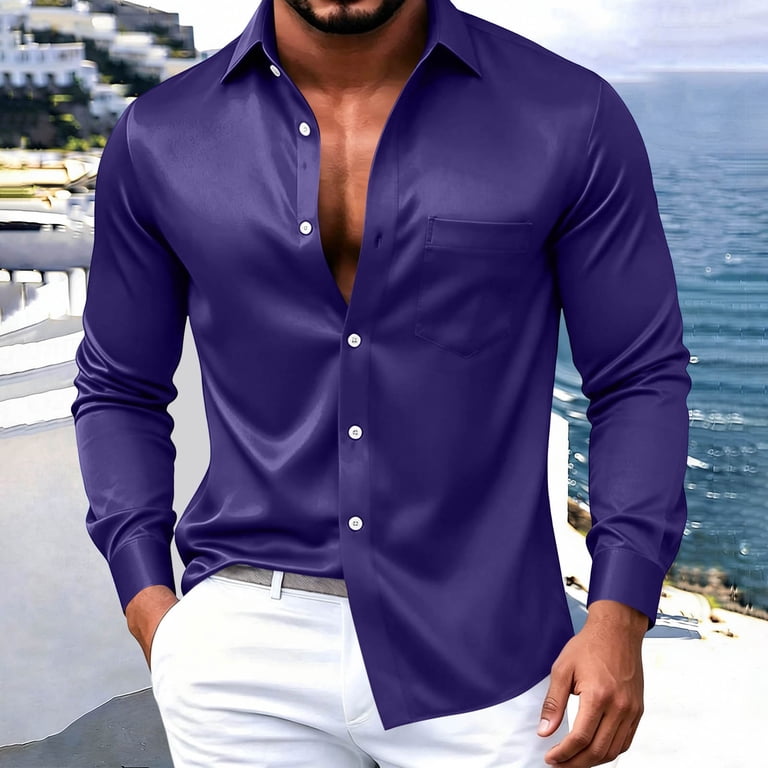 comfy dress shirts Mens Satin Long Sleeve Shirt Slim Fit Button Down Dress T Shirts Business Casual Top For Office Party Wear Your Confidence Men's Comfort Wear Long Sleeve
