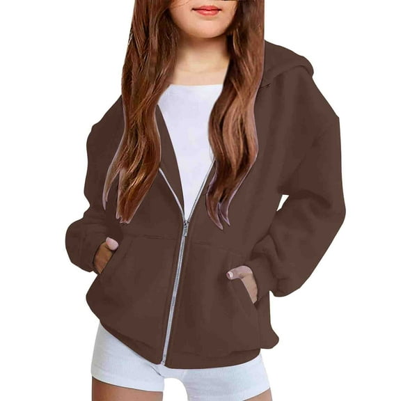 XXWXYD Teen Girls Flece Zip Up Hoodies Jacket, Basic Solid Color Sweatshirts for Kids, Fall Winter Casual Loose Fit Daily Outwear, Comfy Warm Pullover with Pockets