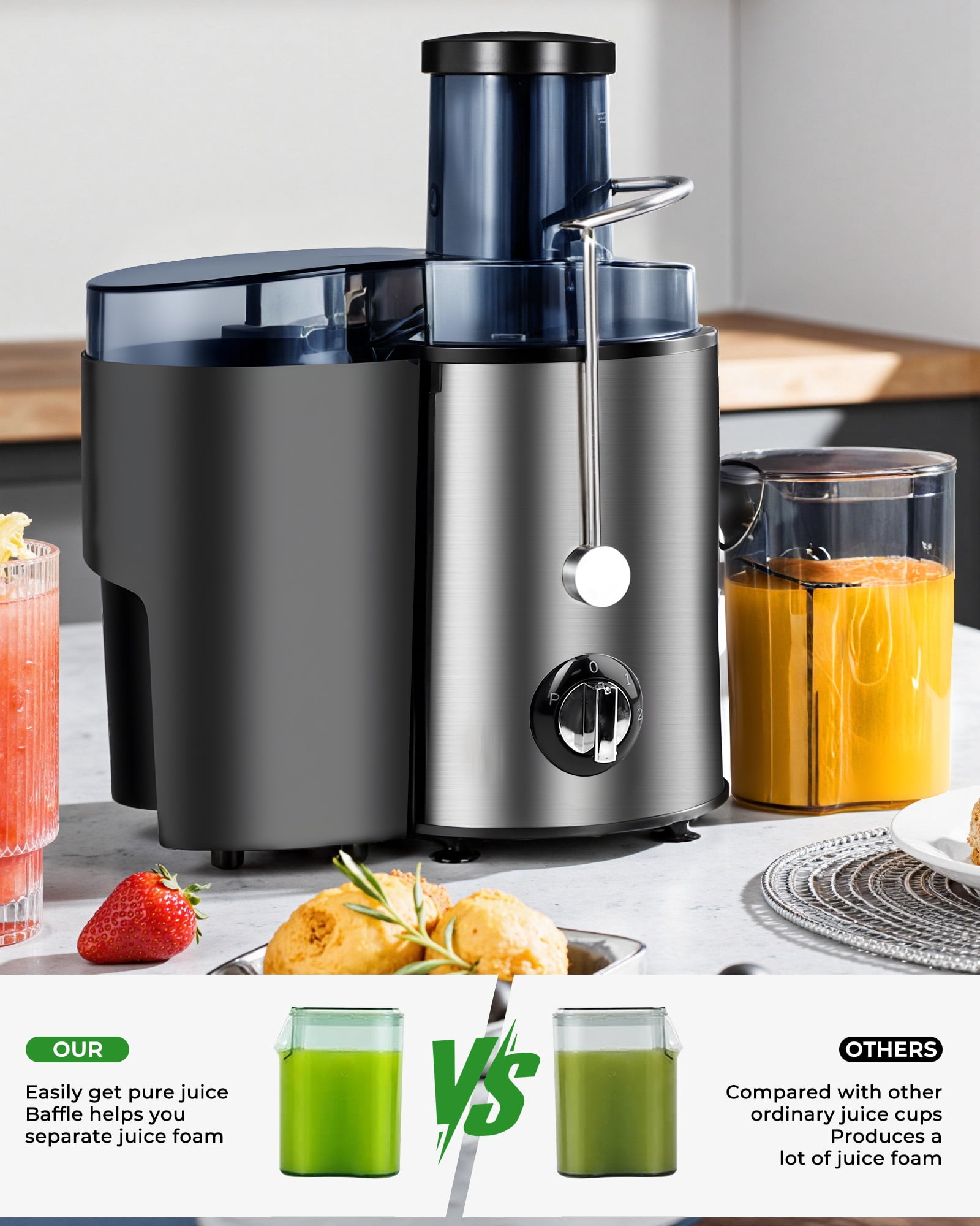 Casualife Electric Juicer Machine, 3 Inch Wide Feed Chute, Centrifugal Juicer for Whole Fruits and Vegetables, Easy to Clean, Silver