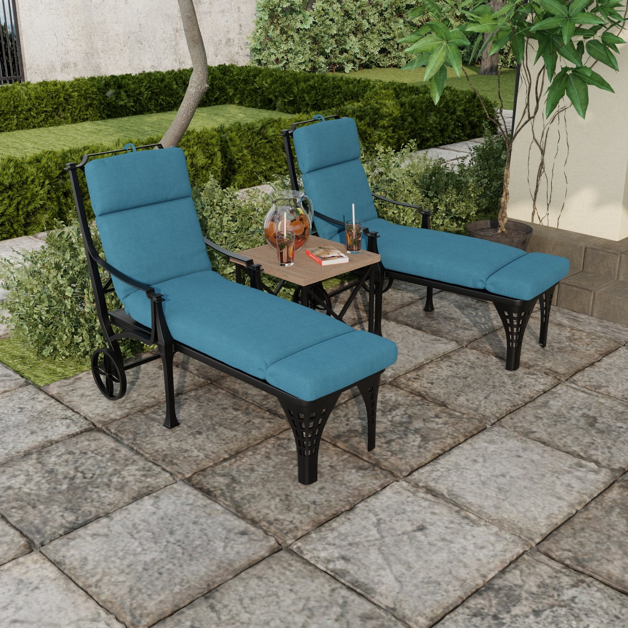 Jordan Manufacturing 72" x 22" Celosia Legion Blue Crosshatch Rectangular Outdoor Chaise Lounge Cushion with Ties and Hanger Loop