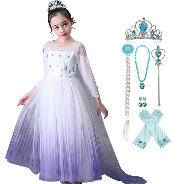 HAWEE Elsa Robe de Princesse Reine des Neiges Cosplay Flocon de Neige Costume Robes pour Filles Manches Longues Robe de Princesse à Paillettes pour Fête