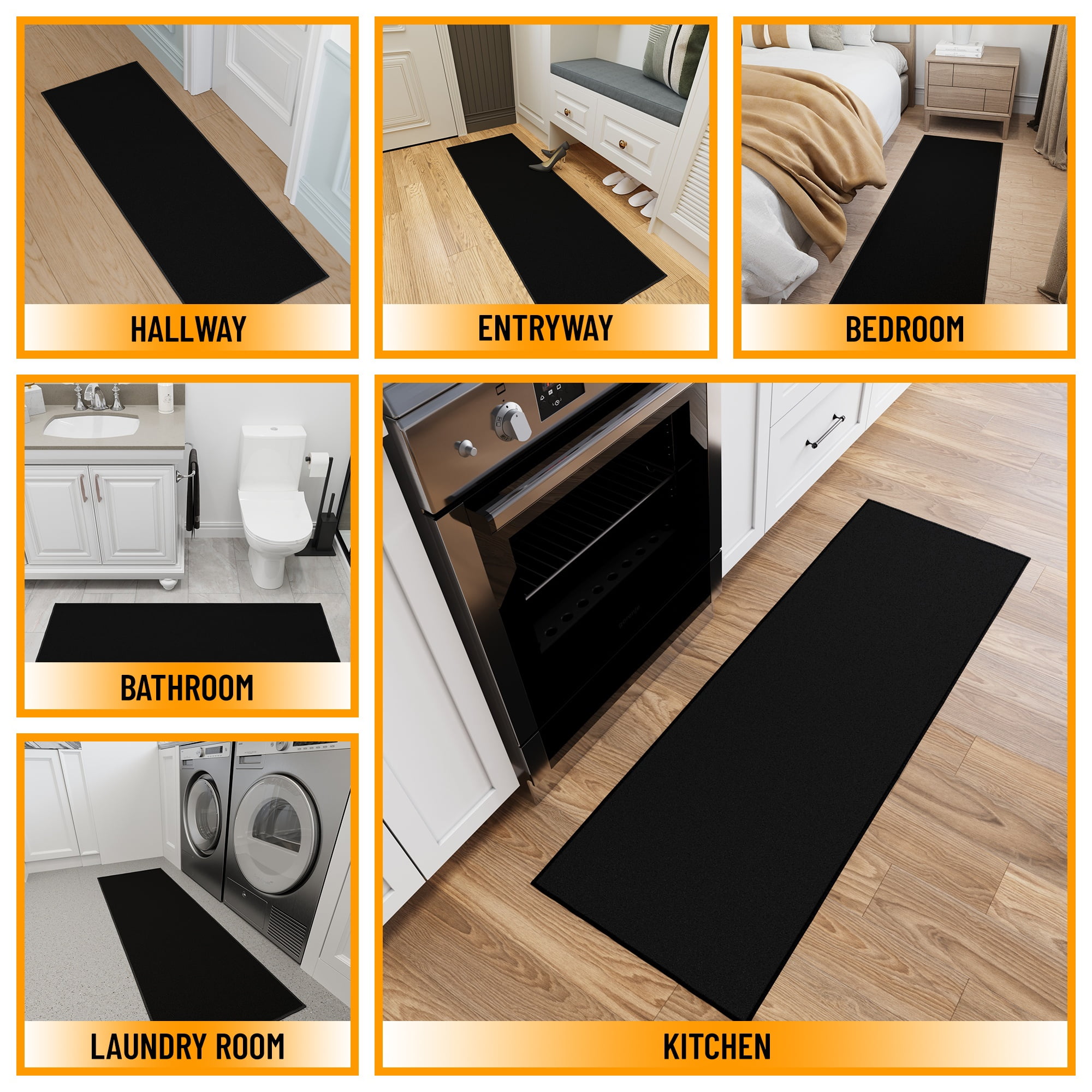Ottomanson Solid Kitchen Runner Rug 2'2" x 6' - Non Slip Low Pile Carpet, Black