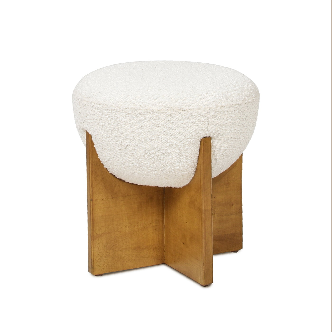 Bali 18.5" Round Upholstered Ottoman with Natural Wood Base Ivory White Boucle