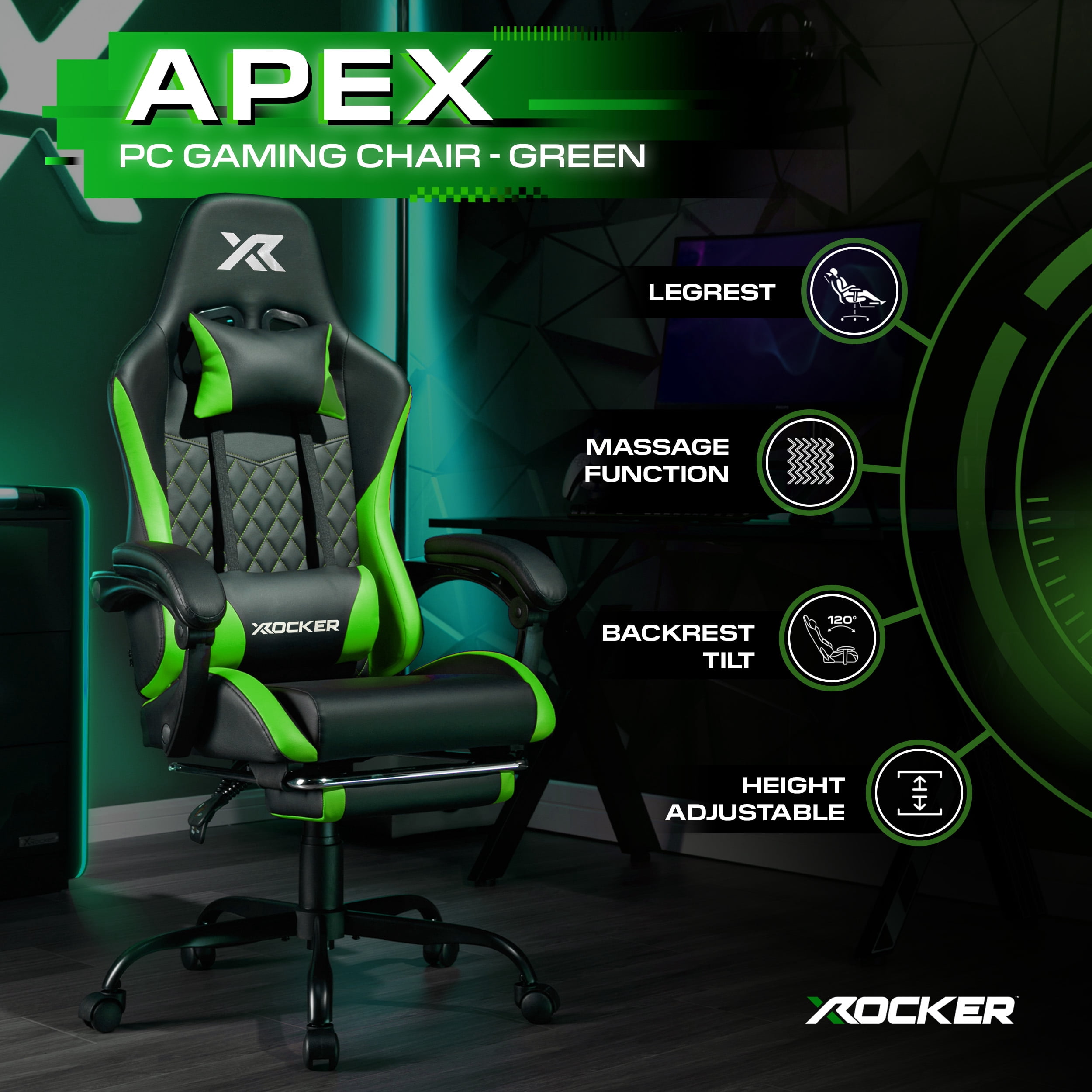 X Rocker Apex PC Gaming Chair with Massage Function and Footrest, Green