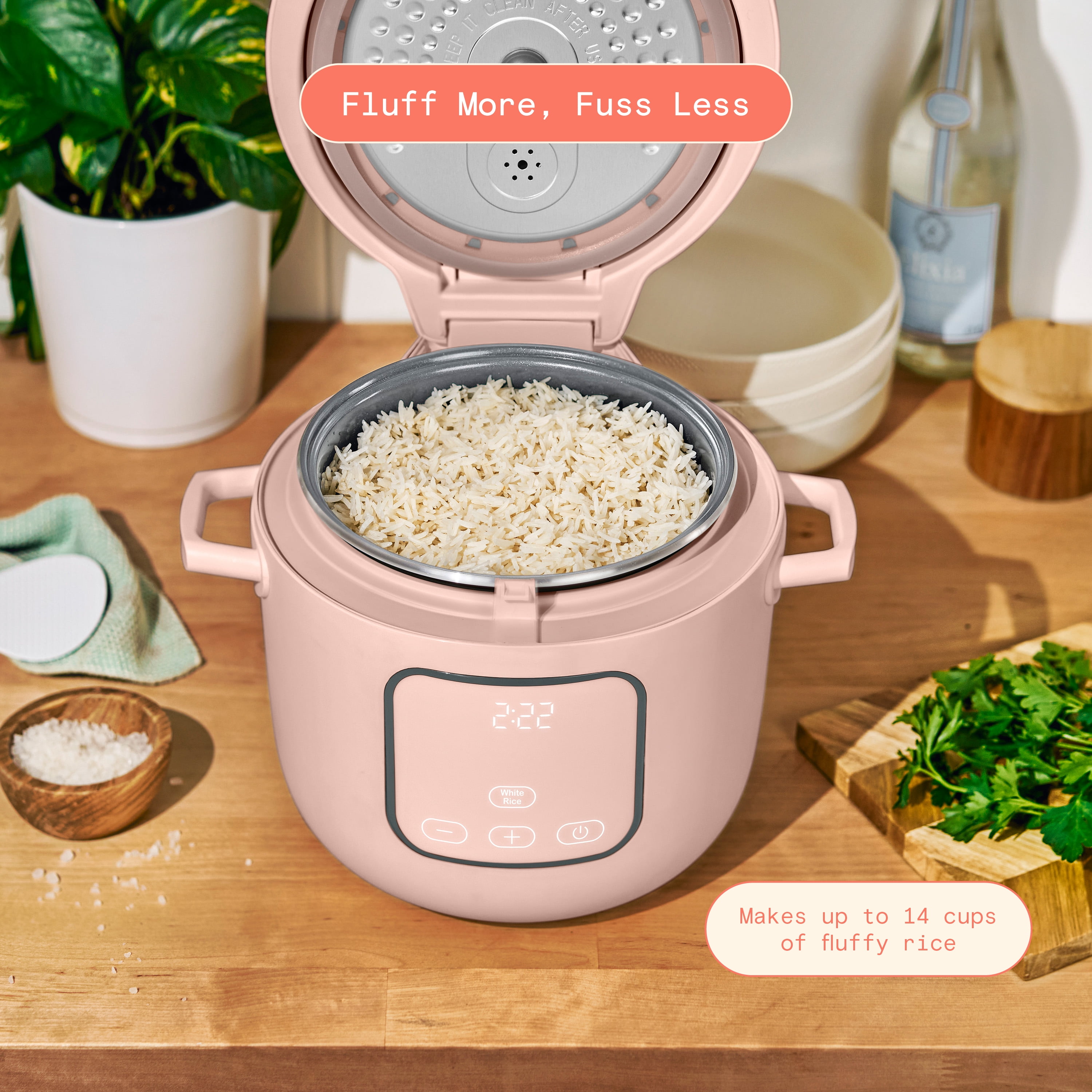 Beautiful 14-Cup Cooked, 6-Cups Uncooked Electric Rice and Grain Cooker, EverGood™ Ceramic Nonstick Coating, Rose by Drew Barrymore