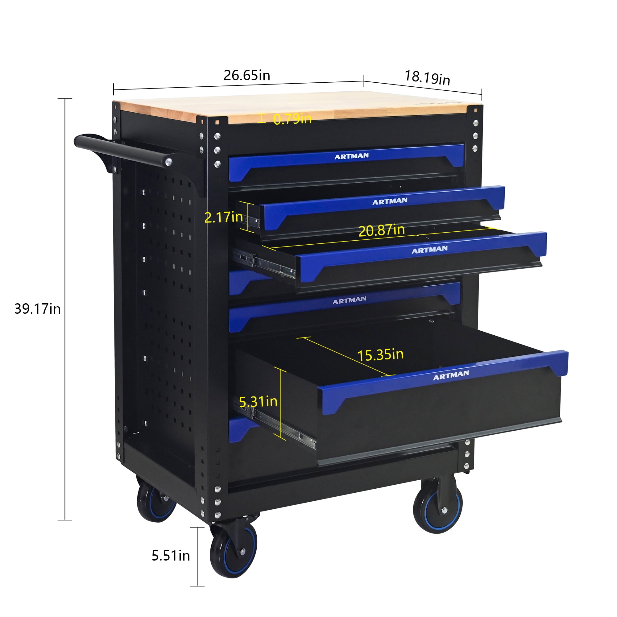 ARTMAN 30-inch 7-drawer Wooden-top Rolling Steel Tool Cart, Storage Tool Chest&Cabinet with Handle and Wheels for Garages, Warehouses, Repair Shops, Requires Assembly of the the Tool Cart