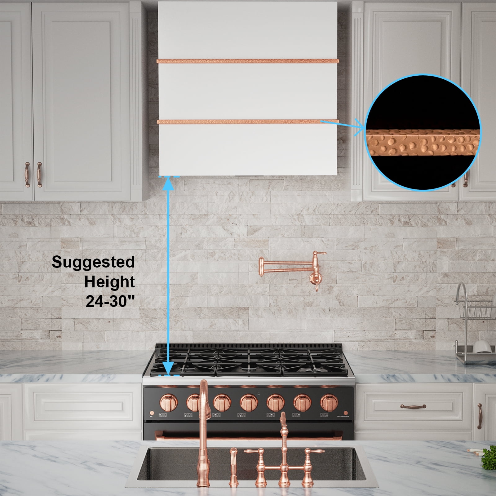 Akicon 30 inch Kitchen Range Hood with 600 CFM, Stainless Steel Wall Mounted Ducted Range Hood, 3 Speed Fan with LED Light, Powerful Vent Motor, Signal White with Copper