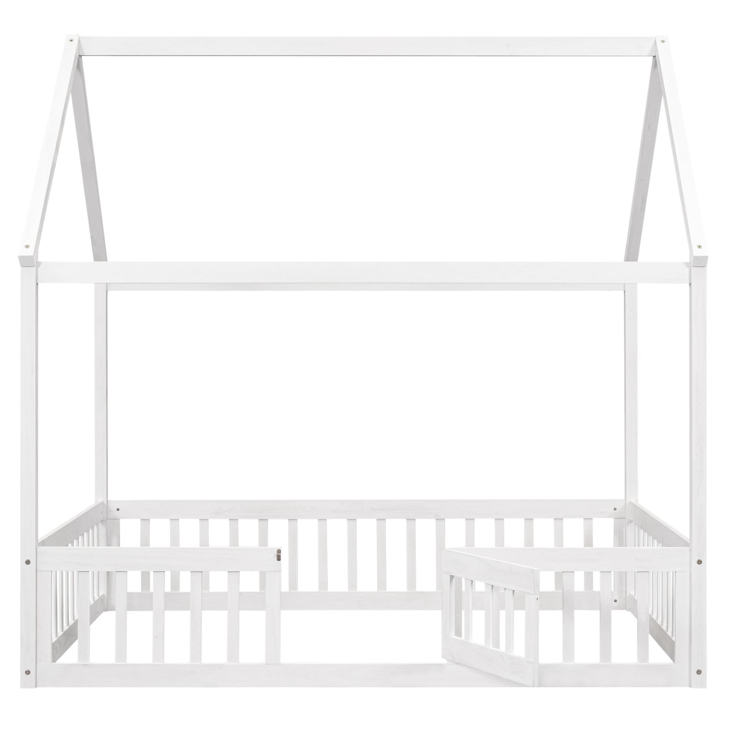 Harper & Bright Designs House Floor Bed with Fence & Roof, Full Size Wood Playhouse Bed Frame wih Rails & Door for Boys Girls, White