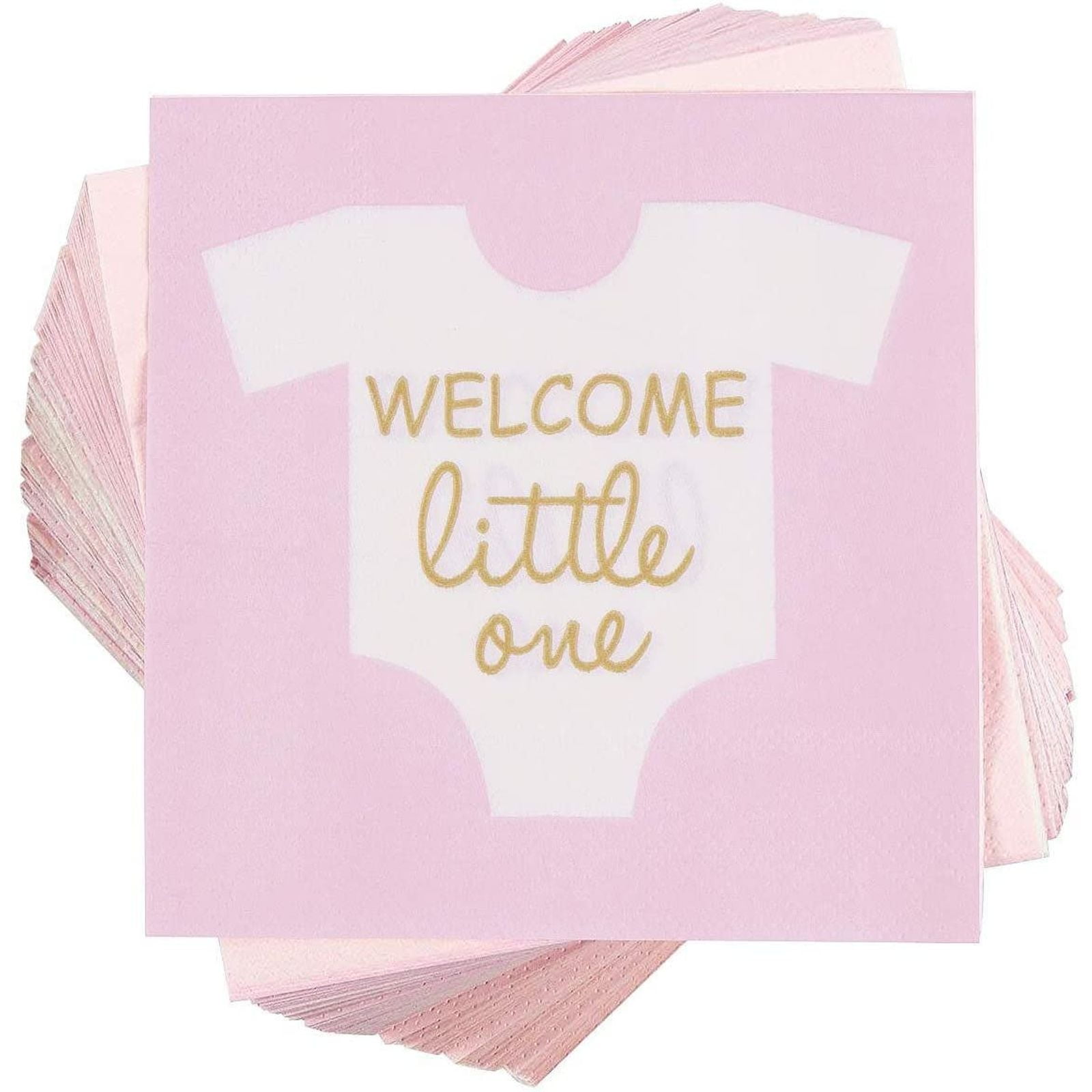 Baby Shower Cocktail Napkins - 100 Pack Welcome Little One Disposable Paper Party Napkins, Perfect for Girl Baby Shower Decorations and Gender Reveal Party Supplies, 5 x 5 inches Folded, Pink