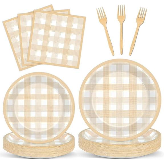 100PCS Fall Tableware Set Party Decorations Plaid Plates Napkins Forks Dinnerware Set for 25 Guests Disposable Thanksgiving Theme Dinner Plates Autumn Theme Party Supplies Happy Harvest