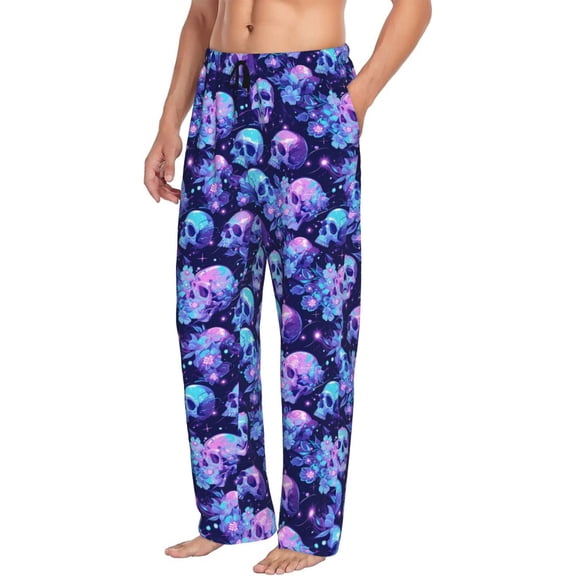 Picia crystal Skull flower star Mens Soft Woven Cotton Elastic Waistband Sleep Pajama Pant Lounge Sleep Pant With Pockets And Drawstring-Small