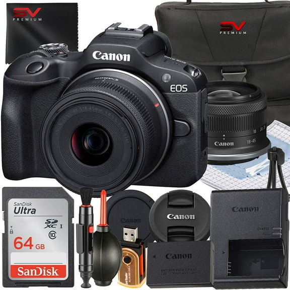 Canon EOS R100 Mirrorless Camera with RF-S 18-45mm Lens   64GB Memory Card   Case   SV Premium Accessory Bundle (International Version)