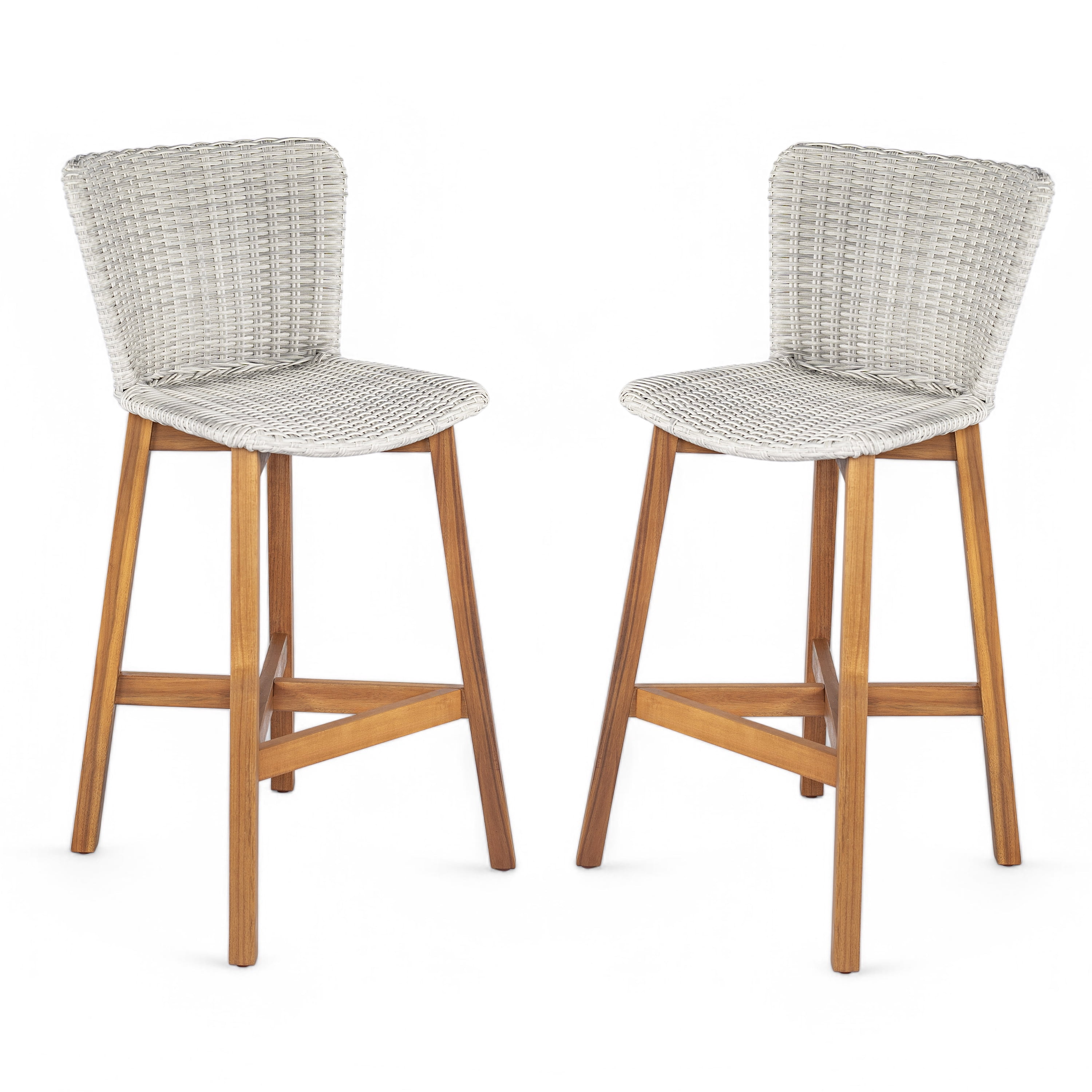 Outdoor Wood Wicker Bar Stools Set of 2 for Patio Bar, Teak